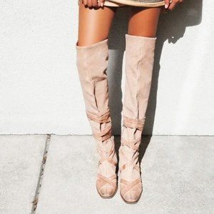 NEW Free People West End Lace Up Over Knee Boot 38 Leather